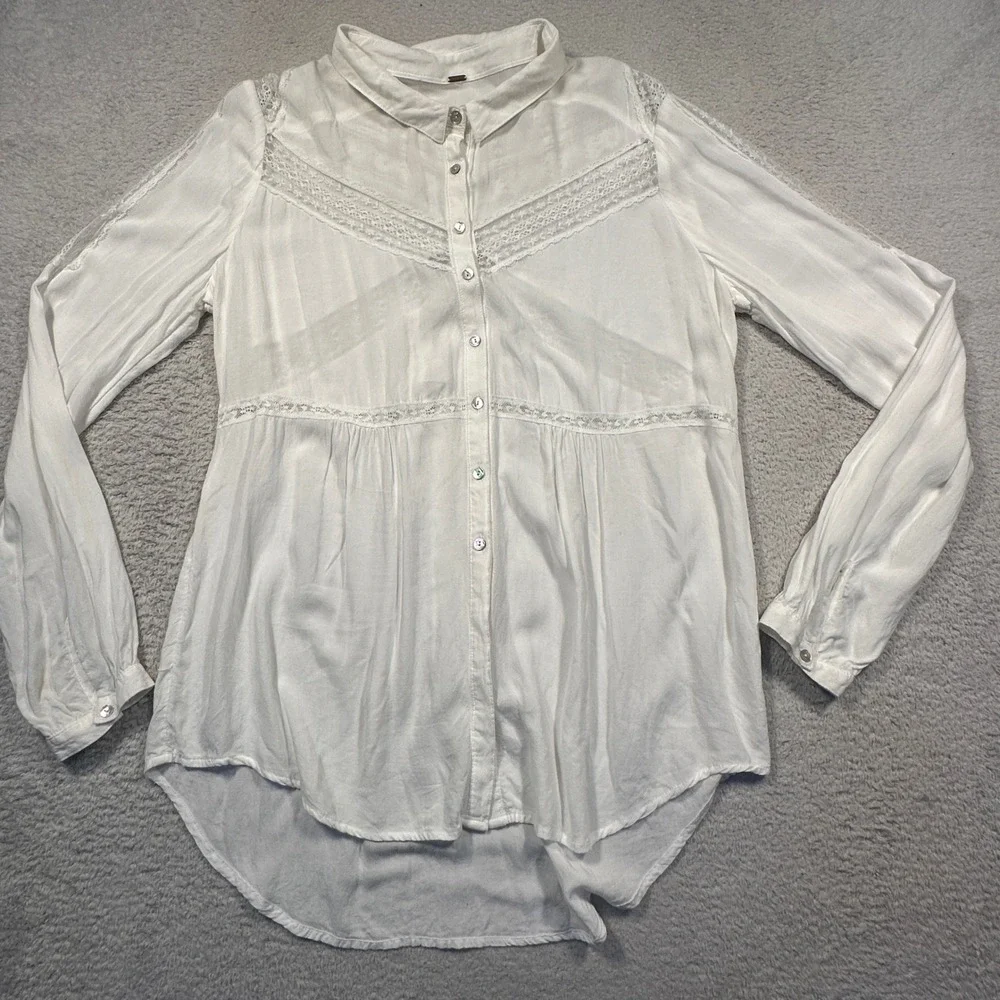 Free People Wild Wind Lace Inset Button Down Tunic Blouse Womens‎ M Ivory Boho